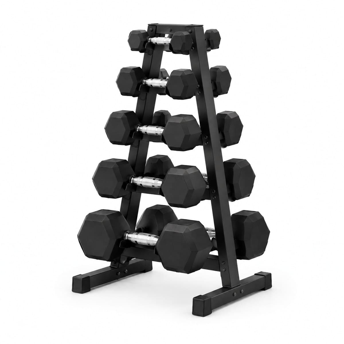 Five pairs of black rubber hex dumbbells with chrome handles on a five-tier black steel A-frame rack, smallest at the top