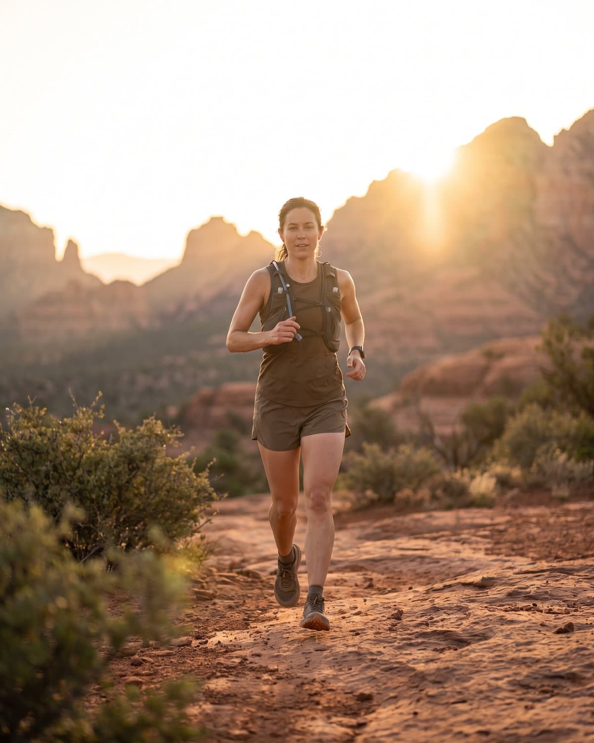 A woman trail running at sunrise on a red rock desert trail, with mountains behind her and low sun at the horizon.
