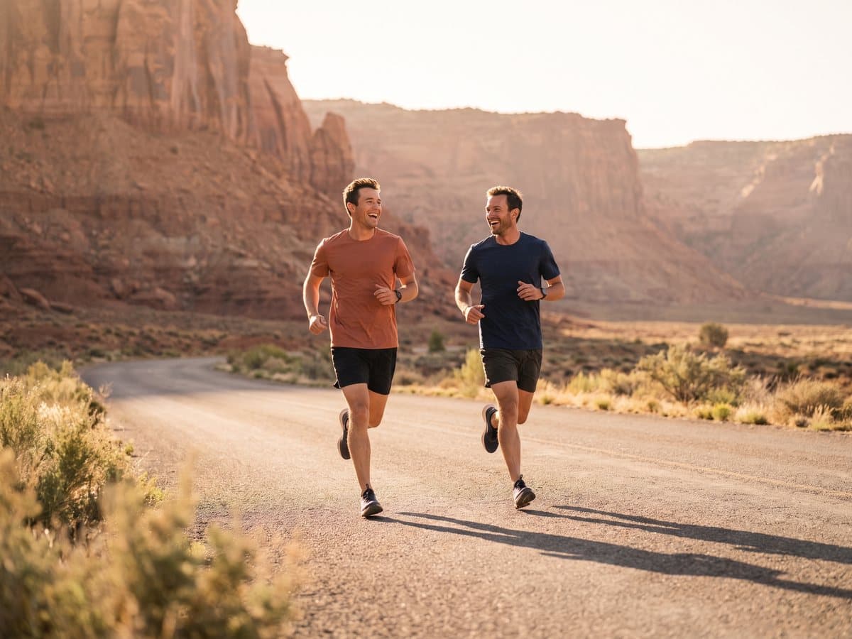 Two friends running side by side on an empty canyon road at dawn, with red cliffs in the distance.