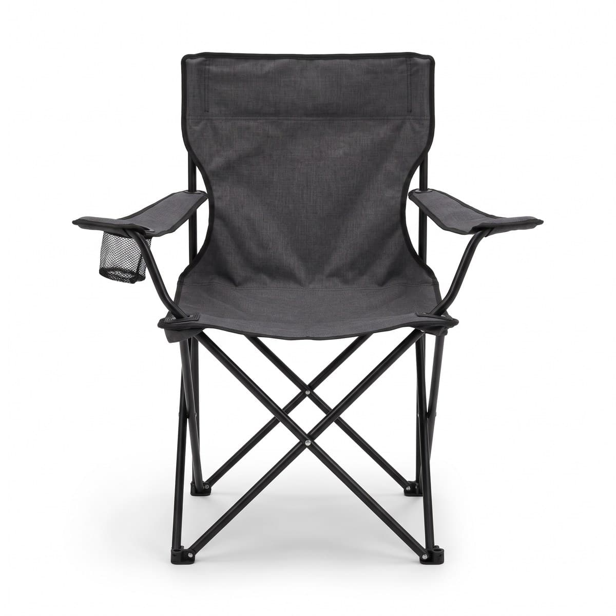 An unfolded camp chair with charcoal fabric, a black steel frame and a mesh cup holder