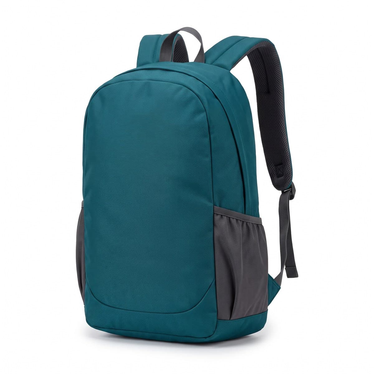 A deep teal hiking daypack with charcoal side pockets and padded shoulder straps