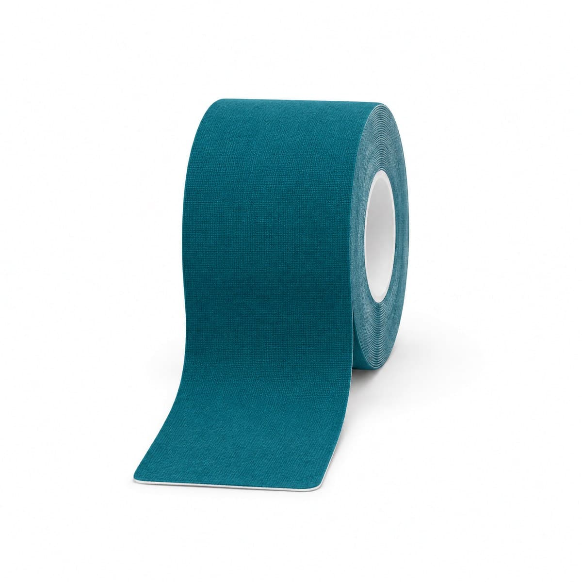 A roll of deep teal kinesiology tape standing upright with a length unrolled toward the camera