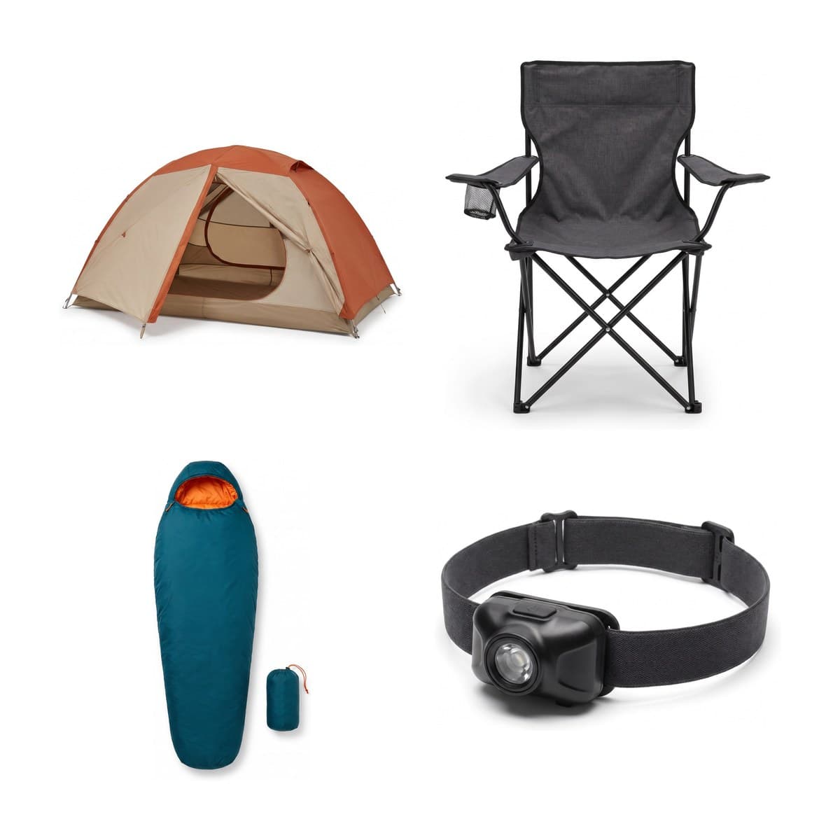 The Weekend Camp Kit laid out: a sand and orange dome tent, a charcoal camp chair, a teal sleeping bag with its stuff sack and a black headlamp