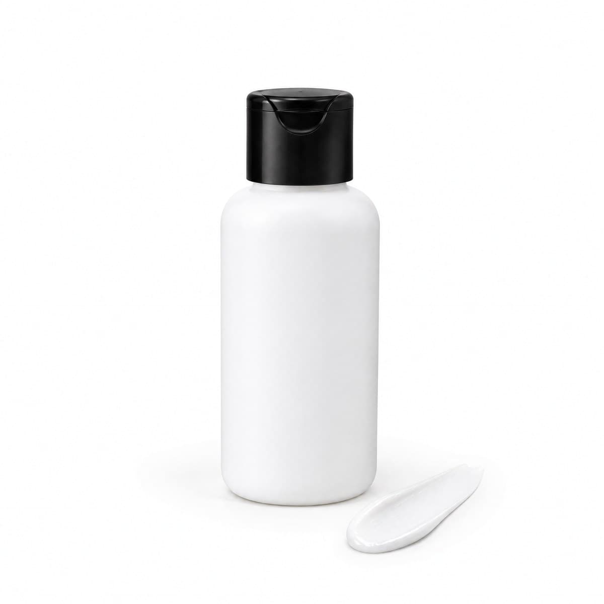 A plain white squeeze bottle with a black flip cap, beside a swipe of white liquid chalk