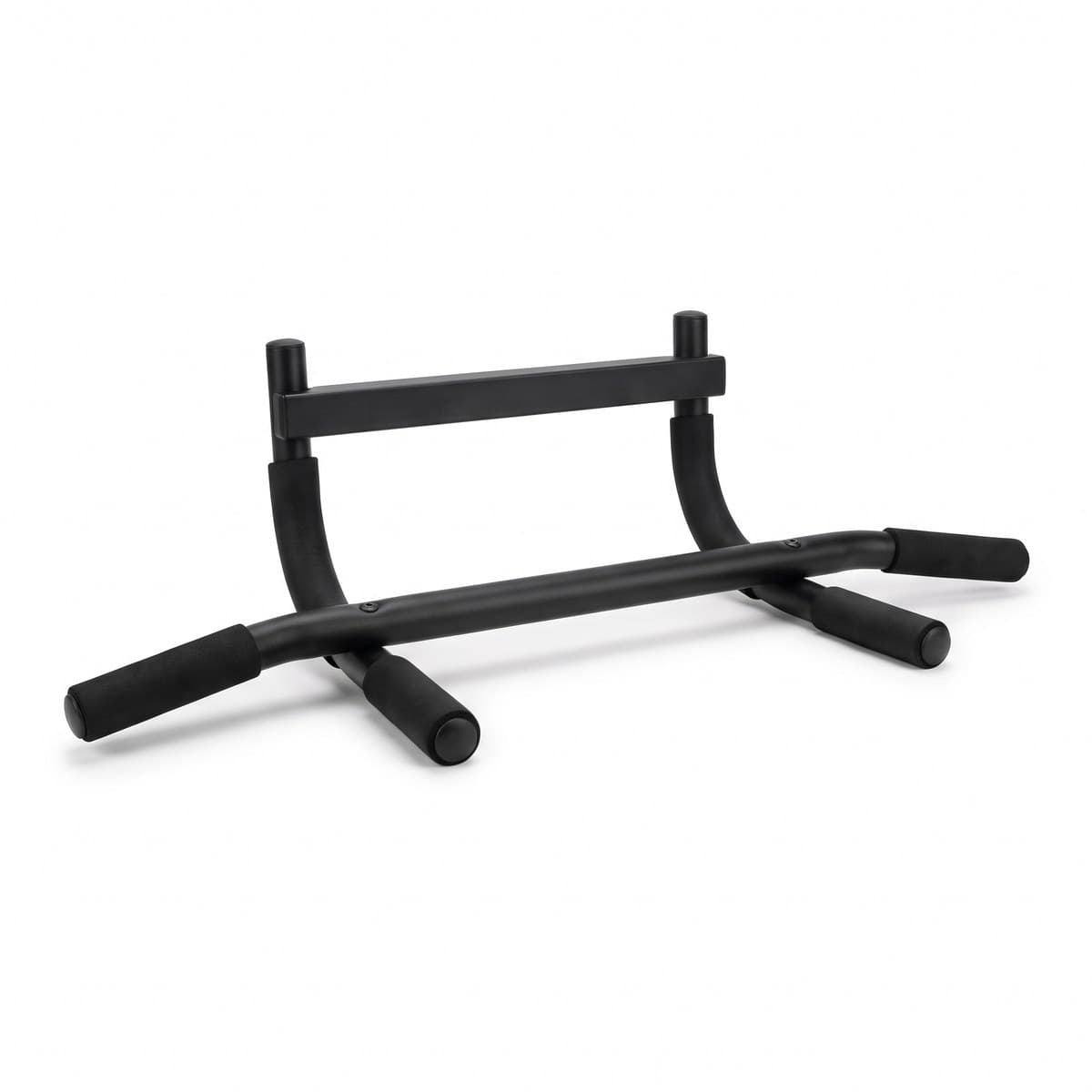 A black steel doorway pull-up bar with black foam grips