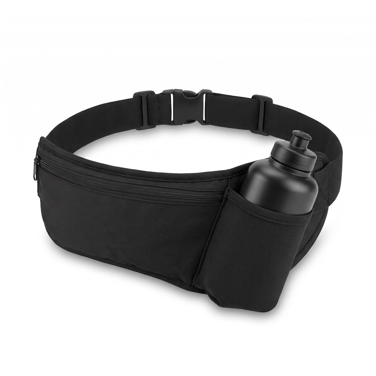 A slim black running belt with a zipped pocket and a small bottle in its holster