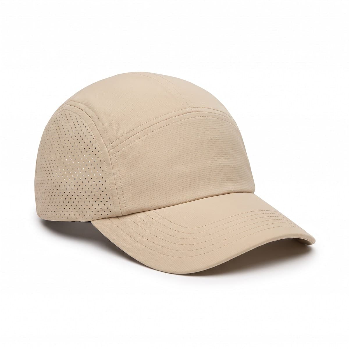 A sand beige running cap with perforated side panels and a curved brim