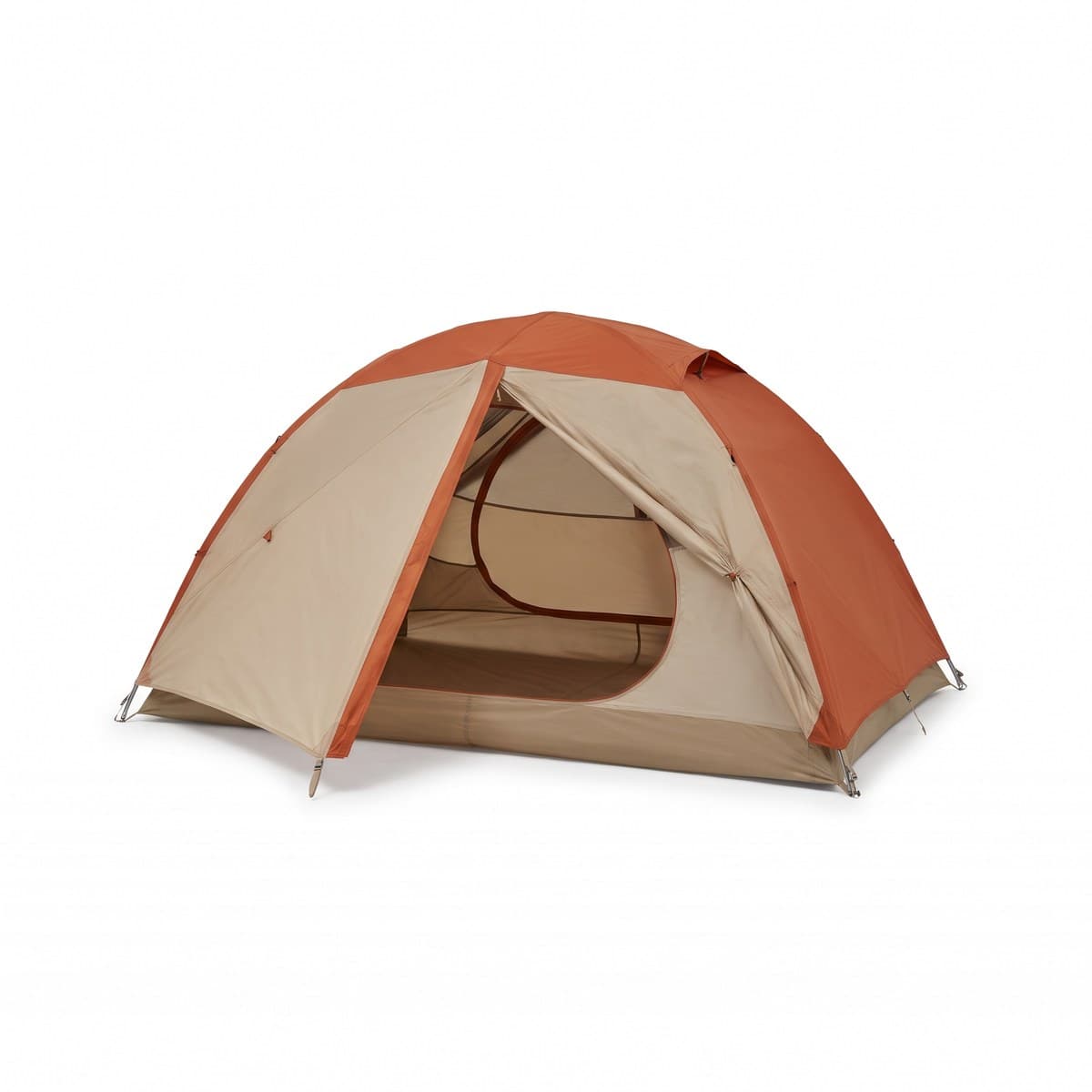 A pitched two-person dome tent in sand with a burnt orange rainfly over the crown and sides, front door rolled back on one side